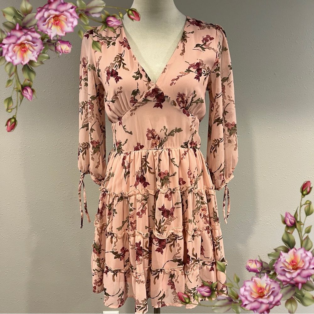 Floral Pink v-neck long sleeve‎ Dress